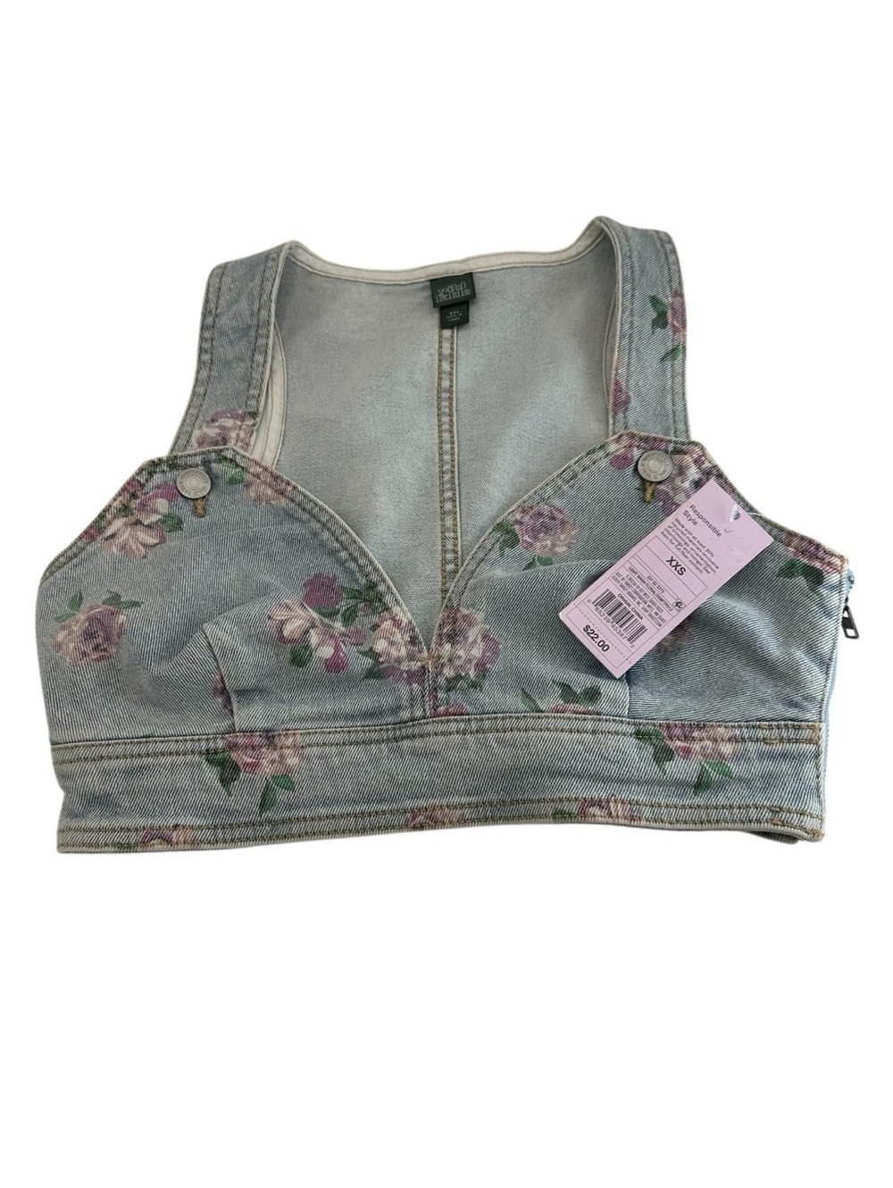 NWT Wild Fable Floral Denim Crop Top Vest XXS Light Wash Blue Pink Side Zip